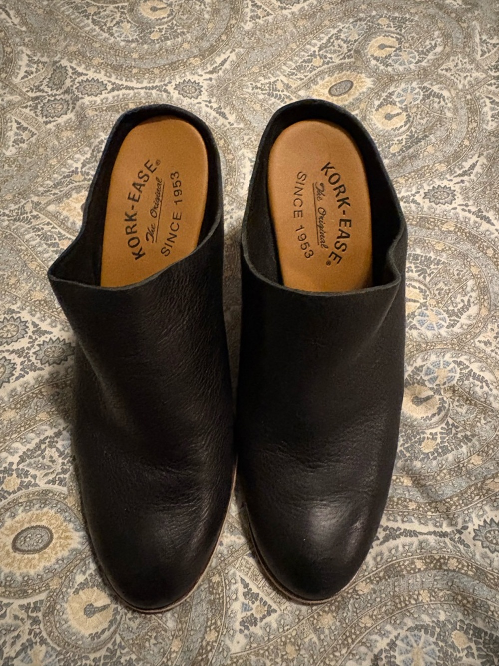 Kork-Ease Black Leather Wedge Mules